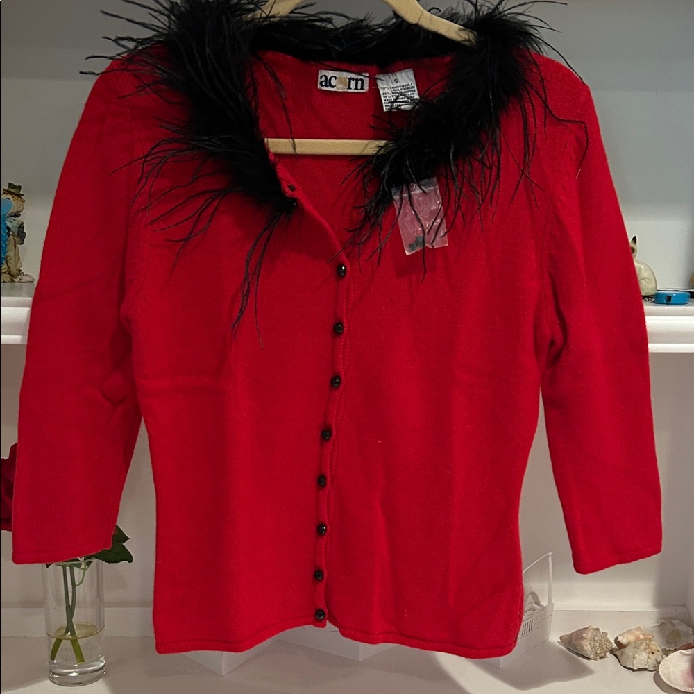 Acorn Red Cardigan with Black Feather Detail #113